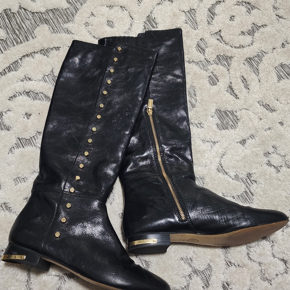 Michael Kors Black Leather Ankle Boots with Gold Accents - Picture 2 of 10